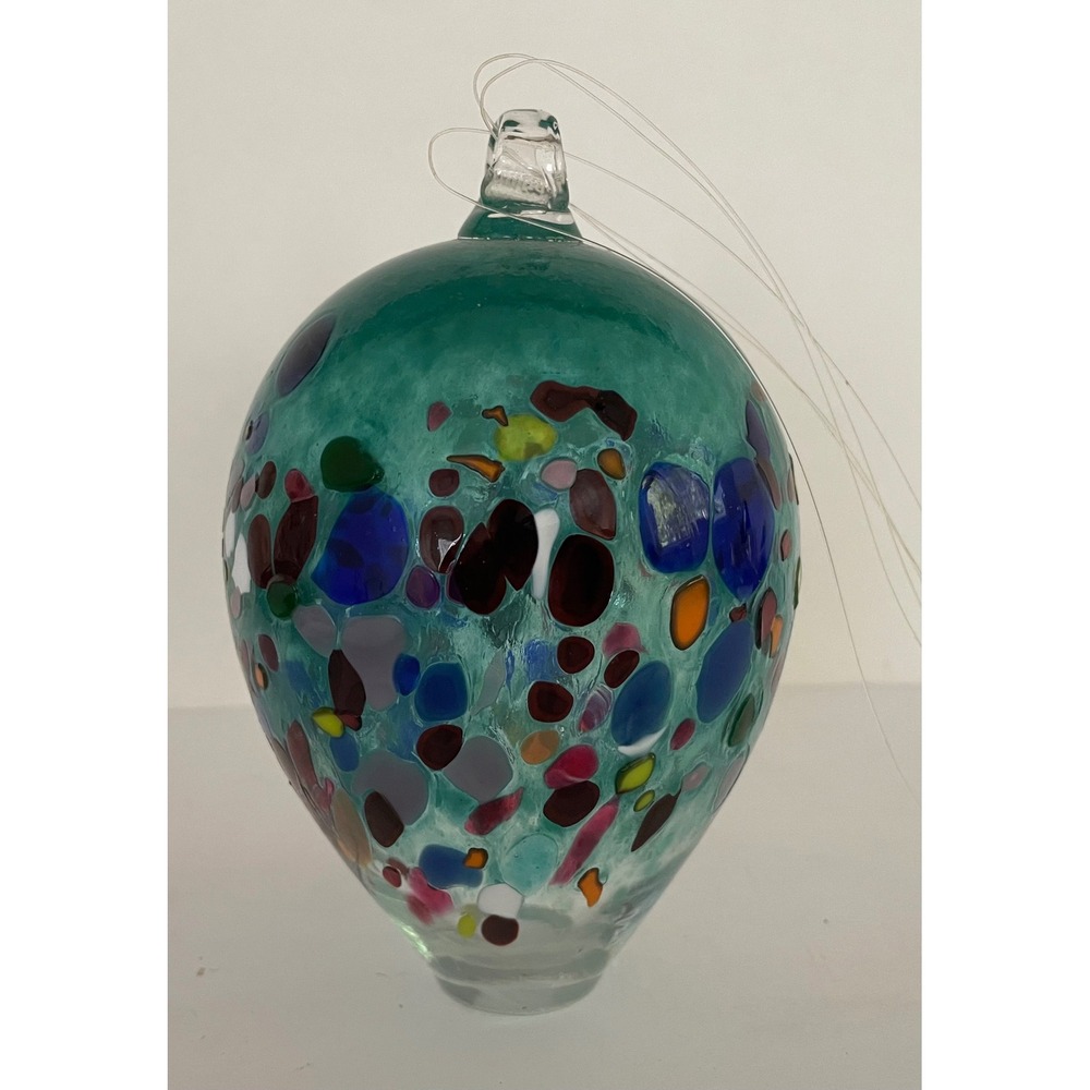 Loretta Eby Signed Art Glass Ornament Teal Green Confetti Hand Blown Teardrop
